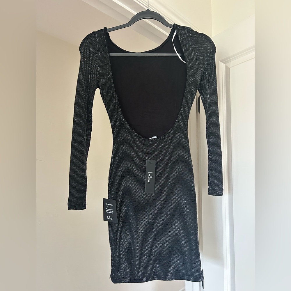 Lulus Gift of Love Black and Silver Backless Long Sleeve Bodycon Dress NWT XS